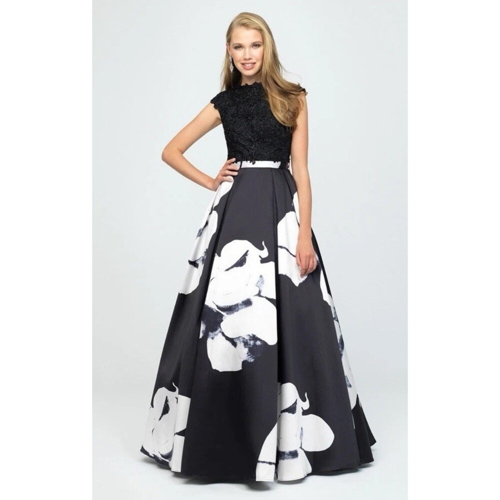 Madison James Women’s Gown Dress 0 2 XS Prom Formal Maxi Top Skirt Black White - Picture 2 of 9